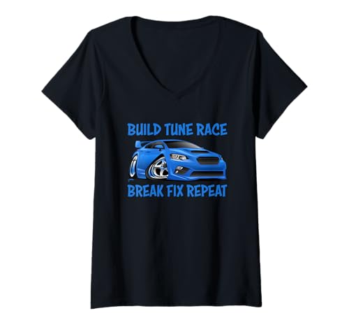 Damen Build Tune Race Break Fix Wiederholter Cartoon-Humor T-Shirt mit V-Ausschnitt von Jeff Hobrath