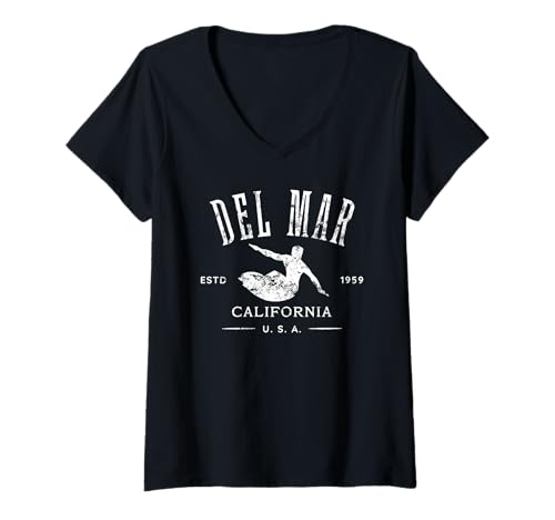 Damen Del Mar California Surf-Design im Distressed-Design T-Shirt mit V-Ausschnitt von Jeff Hobrath