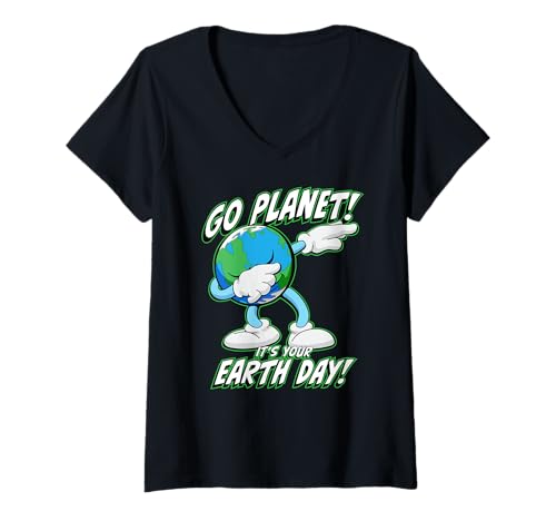 Damen Go Planet It's Your Earth Day Funny Dabbing Earth Day Cartoon T-Shirt mit V-Ausschnitt von Jeff Hobrath