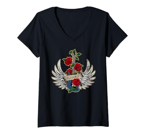 Damen Guitar Wings Roses Rock-and-Roll-Musikdesign T-Shirt mit V-Ausschnitt von Jeff Hobrath
