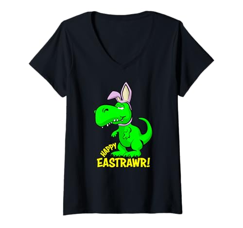 Damen Happy Eastrawr Lustiger süßer Oster-T-Rex mit Hasenohren Dino T-Shirt mit V-Ausschnitt von Jeff Hobrath