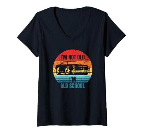 Damen I'm Not Old School Classic Muscle Car Retro Sunset T-Shirt mit V-Ausschnitt von Jeff Hobrath