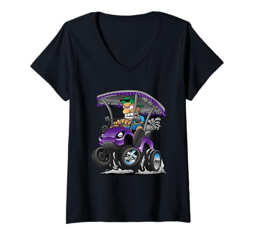 Damen Lustiger Golfwagen Cartoon Golf Auto und Golf Humor Design T-Shirt mit V-Ausschnitt von Jeff Hobrath