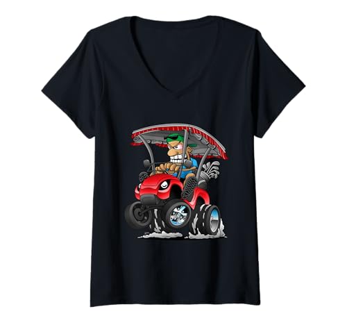 Damen Lustiger Golfwagen Cartoon Golf Car und Golf Humor Design T-Shirt mit V-Ausschnitt von Jeff Hobrath