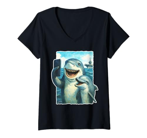 Damen Lustiger Hai und Delphin machen Selfie mit Flugzeugträger T-Shirt mit V-Ausschnitt von Jeff Hobrath