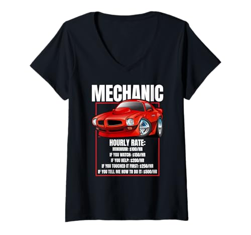 Damen Lustiger Mechaniker, Stundensignal, Humor, klassisches Muskelauto, Cartoon T-Shirt mit V-Ausschnitt von Jeff Hobrath