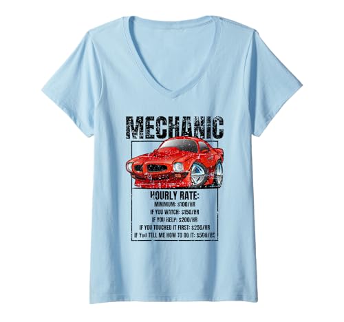 Damen Lustiger Mechaniker Stundensatz Classic Muscle Car Distressed T-Shirt mit V-Ausschnitt von Jeff Hobrath