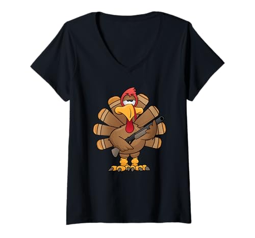 Damen Lustiger bewaffneter Truthahn Thanksgiving Cartoon T-Shirt mit V-Ausschnitt von Jeff Hobrath