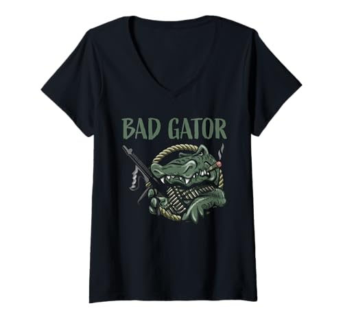 Damen Lustiger böser Gator mit Gewehr und Zigarre Alligator Cartoon T-Shirt mit V-Ausschnitt von Jeff Hobrath
