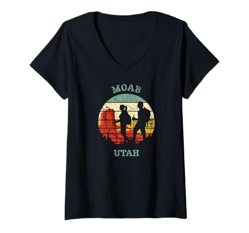 Damen Moab Utah Wandern Vintage Retro Sonnenuntergang Design T-Shirt mit V-Ausschnitt Damen Moab Utah Wandern Vintage Retro Sonnenuntergang Design T-Shirt mit V-Ausschnitt von Jeff Hobrath