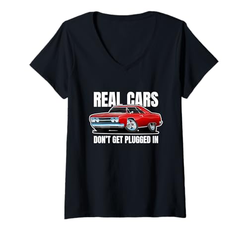 Damen Real Cars Don't Get Plugged In Lustiger Muscle Car Cartoon T-Shirt mit V-Ausschnitt von Jeff Hobrath
