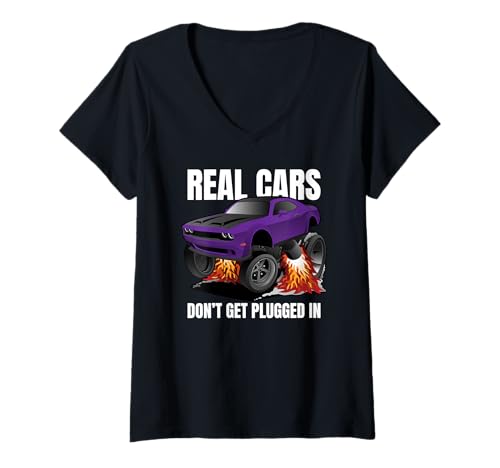 Damen Real Cars Don't Get Plugged In Lustiger Muscle Car Cartoon T-Shirt mit V-Ausschnitt von Jeff Hobrath