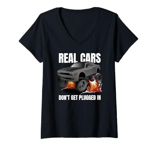 Damen Real Cars Don't Get Plugged In Lustiger Muscle Car Cartoon T-Shirt mit V-Ausschnitt von Jeff Hobrath