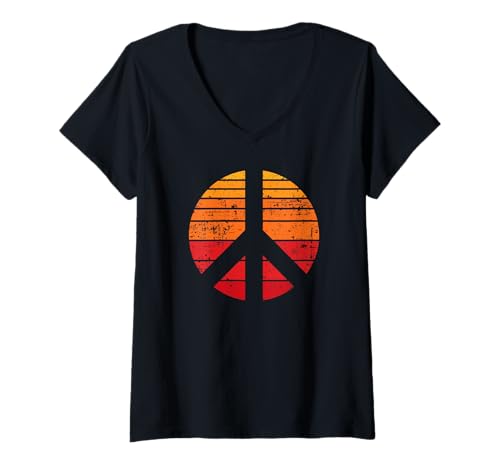 Damen Retro Peace Zeichen Vintage Distressed Sunset Style Design T-Shirt mit V-Ausschnitt von Jeff Hobrath