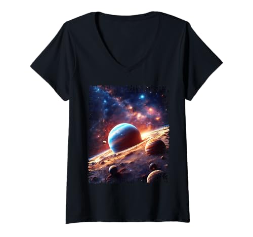 Damen Space Dust Planets and Stars Universum Art Design T-Shirt mit V-Ausschnitt von Jeff Hobrath