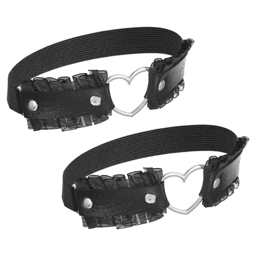 Jeffdad 2 Stück Verstellbares Strumpfband, Leder Oberschenkelstrumpfbänder für Damen, Spitze Brautstrumpfband Elastische Herz-Beinstrumpfbänder Accessoire für Karneval Mottoparty Maskerade Cosplay von Jeffdad