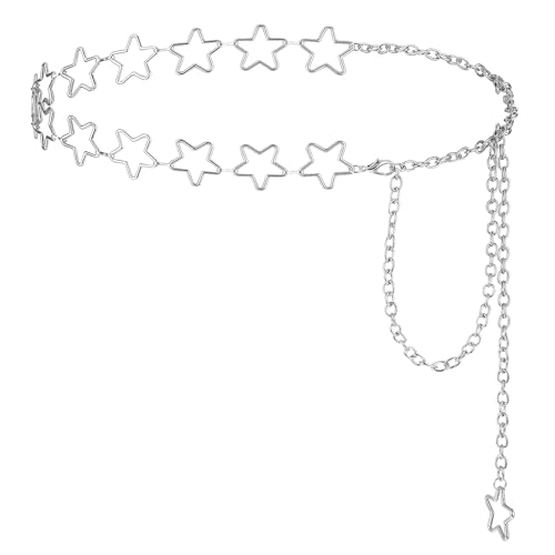 Jeffdad Damen Stern Gürtel Kleid Kettengürtel, Einstellbare Taillenkette Mode Silber Metall Kettengürtel Damen Metallgürtel Legierung Taille Gürtel Einstellbare Taillenkette Waist Chain Belt for Women von Jeffdad