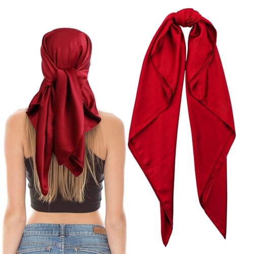 Jeffdad Einfarbiger Kopftuch, Hijab Kopftuch für Damen, 90x90 cm Einfaches Quadrat Schal Frauen Satin Bandana Halstuch Frauen Rutschfester Seidentuch Headwrap für Mädchen Frauen(Burgunderrot) von Jeffdad