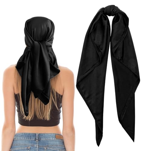 Jeffdad Einfarbiger Kopftuch, Hijab Kopftuch für Damen, 90x90 cm Einfaches Quadrat Schal Frauen Satin Bandana Halstuch Frauen Rutschfester Seidentuch Headwrap für Mädchen Frauen(Schwarz) von Jeffdad