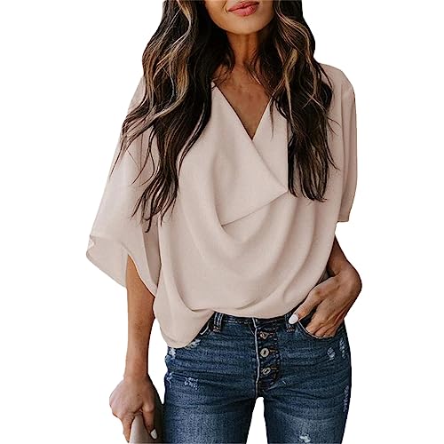 Damen Chiffon V Ausschnitt Hemd Plissee Flare Hülse Lose Sommer Casual Pullover Elegante Bluse APRICOT S von Jegsnoe