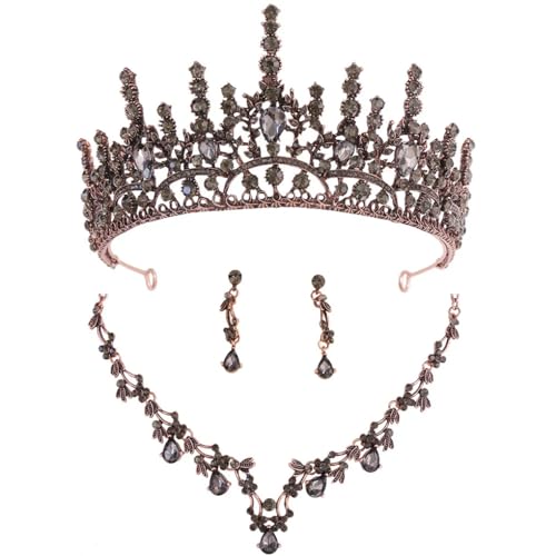 Elegantes Lila Schwarzes Kristall-Schmuckset, Luxuriöses Hochzeits-Kronen-Tiara, Halskette, Ohrringe, Braut-Set von Jegsnoe