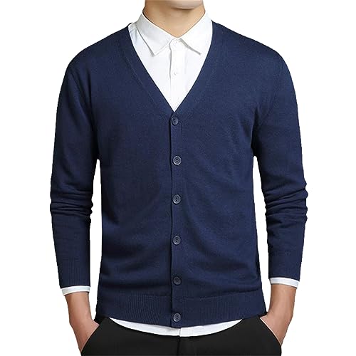 Herren Cardigan Mit V-Ausschnitt Solide Baumwolle Stickerei Langärmelig Business Casual Strickjacke navyblue M von Jegsnoe