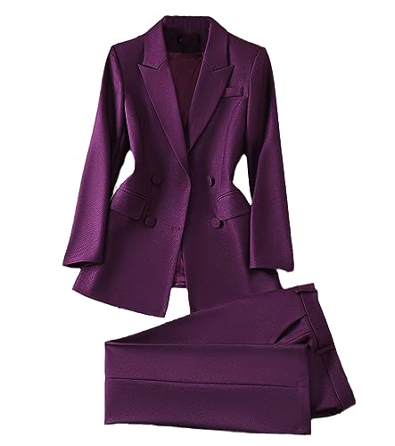 Jegsnoe Damen Blazer Und Hosenanzug Büro Business Arbeitskleidung 2 Teiliges Set Langärmelige Jacke Und Hose Purple L von Jegsnoe