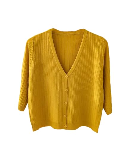 Jegsnoe Damen Gestrickte Pullover Frühling Sommer Halbarm V-Ausschnitt Casual Kurze Schlanke Strickjacke Pullover Yellow S von Jegsnoe