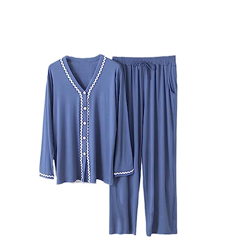 Jegsnoe Damen Modal Baumwolle V Ausschnitt Langarm Pyjamas Set Herbst Winter Weibliche Nachtwäsche Set Blue L von Jegsnoe