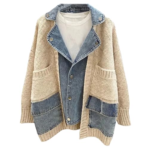 Jegsnoe Damen Spleißen Denim Jacke Lose Strickjacke Mantel Langarm Strickjacke Pullover Beige One Size von Jegsnoe