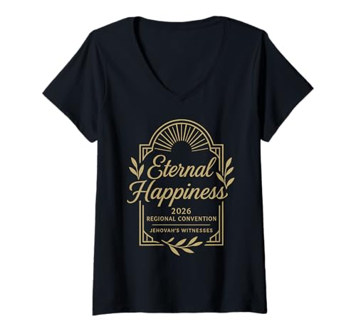 Damen Jehovah's Witness 2026 Convention Eternal Happiness JW ORG T-Shirt mit V-Ausschnitt von Jehovah Witnesses Gifts Pioneer Gifts JW Gift Shop