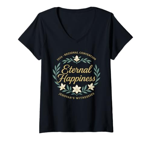 Damen Jehovah's Witness 2026 Convention Eternal Happiness JW ORG T-Shirt mit V-Ausschnitt von Jehovah Witnesses Gifts Pioneer Gifts JW Gift Shop