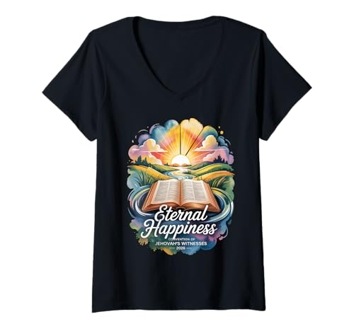 Damen Jehovah's Witness 2026 Convention Eternal Happiness JW ORG T-Shirt mit V-Ausschnitt Damen Jehovah's Witness 2026 Convention Eternal Happiness JW ORG T-Shirt mit V-Ausschnitt von Jehovah Witnesses Gifts Pioneer Gifts JW Gift Shop