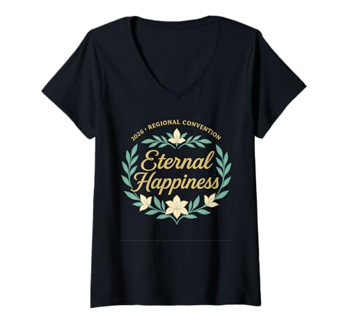 Damen Jehovah's Witness 2026 Convention Eternal Happiness JW ORG T-Shirt mit V-Ausschnitt von Jehovah Witnesses Gifts Pioneer Gifts JW Gift Shop