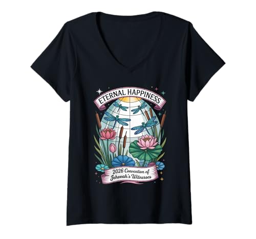 Damen Jehovah's Witness 2026 Convention Eternal Happiness JW ORG T-Shirt mit V-Ausschnitt von Jehovah Witnesses Gifts Pioneer Gifts JW Gift Shop