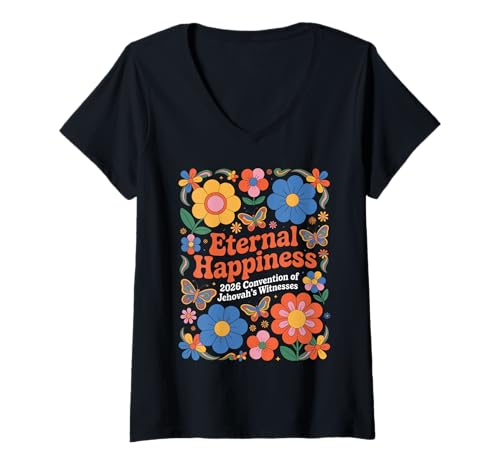 Damen Jehovah's Witness 2026 Convention Eternal Happiness JW ORG T-Shirt mit V-Ausschnitt von Jehovah Witnesses Gifts Pioneer Gifts JW Gift Shop