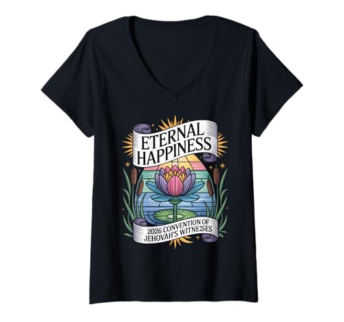 Damen Jehovah's Witness 2026 Convention Eternal Happiness JW ORG T-Shirt mit V-Ausschnitt von Jehovah Witnesses Gifts Pioneer Gifts JW Gift Shop