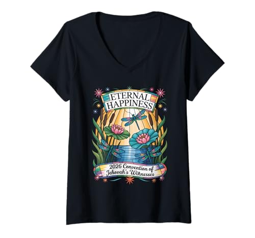 Damen Jehovah's Witness 2026 Convention Eternal Happiness JW ORG T-Shirt mit V-Ausschnitt von Jehovah Witnesses Gifts Pioneer Gifts JW Gift Shop