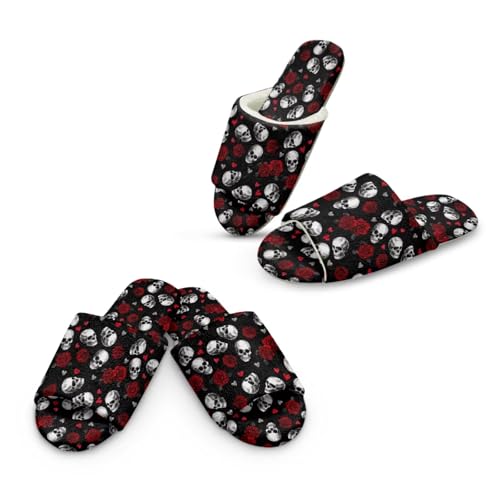 Jeiento 2 Paar offene Zehen Pantoffeln für Frauen Männer Schädel Muster Haus Pantoffel Rote Rose Skeleton Spa Pantoffeln Winterschuhe Warme Fluffy Flat Home Schuhe Schlafzimmer Slides Halloween Schuhe von Jeiento