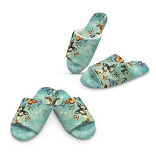 Jeiento 2 Paare offene Zehen Pantoffeln bunte Schmetterling Haus Pantoffeln für Frauen Dame Teenager Mädchen Warme Fuzzy Slip-on Spa Pantoffel Herbst Thanksgiving Urlaubsschuhe,36-53 EU von Jeiento