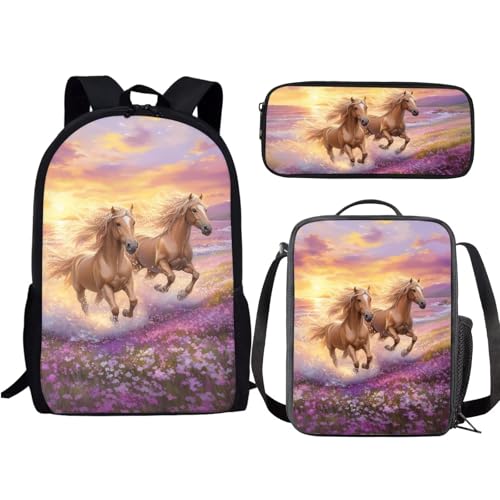 Jeiento 3-in-1-Kinderrucksack-Set für Jungen und Mädchen, Schultaschen-Set mit Lunchbox, Federmäppchen, Vorschul-Büchertaschen-Sets, leichter Rucksack, Pferd, Einheitsgröße, Daypack Rucksäcke von Jeiento