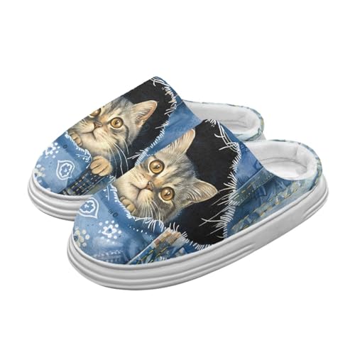Jeiento 3D Cat Blue Denim Tasche Tier Pantoffel für Frauen Lady Leichtgewicht Memory Foam Schlafzimmer Schuhe Rutschfeste Dicke Sohle Plattform Pantoffel,42-43 EU von Jeiento