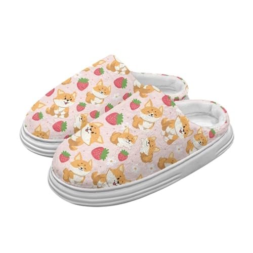 Jeiento Cartoon Corgi Hund Erdbeere Pantoffeln für Damen Frauen Rutschfeste Rutsch Leichte Plattform Pantoffel Leichte Bogen Unterstützung Haus Schuhe,38-39 EU von Jeiento