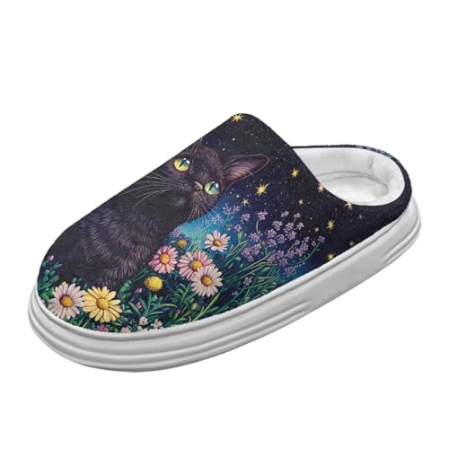 Jeiento Cute Groovy Blume Katze Haus Pantoffel Frauen Fuzzy Plattform Pantoffel mit Bogen Unterstützung Winter Warme Indoor Outdoor Schuhe,40-41 EU von Jeiento
