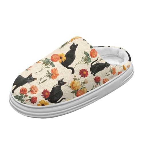 Jeiento Cute Orange Groovy Floral Cat Pantoffeln für Frauen Memory Foam Gemütliche Hauspantoffeln mit Bogen Unterstützung, leichte Plattform Slipeprs für Outdoor Indoor,40-41 EU von Jeiento