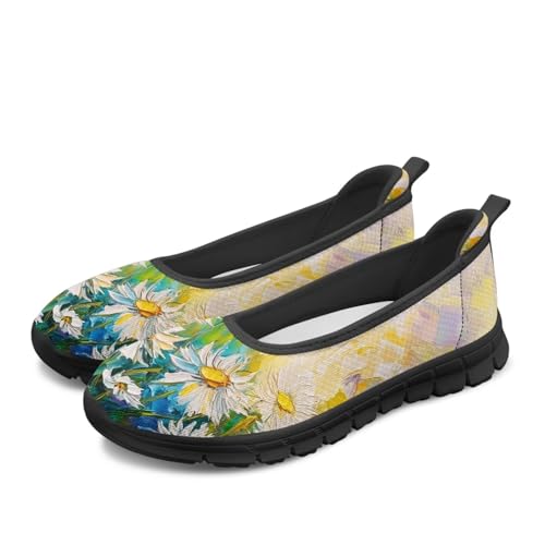 Jeiento Frauen Blume Loafer Ölgemälde Daisy Blume Frauen Walking Schuhe Leichte Slip-On Mode Sneaker Laufschuhe Damen Ballett Flach,40 EU von Jeiento