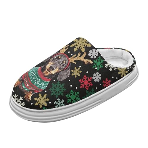 Jeiento Frauen Plattform Pantoffeln Dachshund Hund Pantoffel Komfortable Haus Pantoffeln mit Fleece gefüttert, Weihnachten Schneeflocke Pantoffel für Festivalparty,40-41 EU von Jeiento