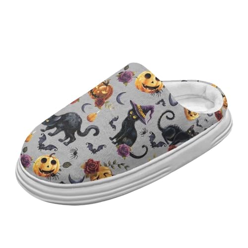 Jeiento Halloween Katze Haus Pantoffel für Frauen Männer Fluffy Slipeprs Warme Komfort Schlafzimmer Innenschuhe mit dicker Sohle,42-43 EU von Jeiento