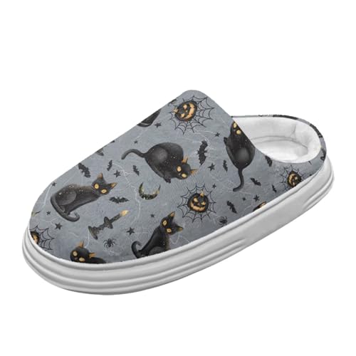 Jeiento Halloween schwarze Katzen Pantoffeln Leichte Plattform Pantoffeln Fluffy Memory Foam Winter Haus Schuhe für Lady Teens Mädchen, Rutschfeste dicke Sohle Slides,38-39 EU von Jeiento