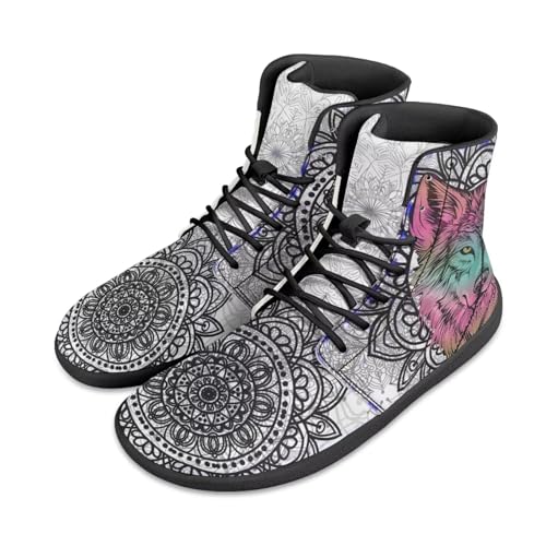 Jeiento Herren High Top Wolf Barfußschuhe Weiß Mandala Blume Wolf Tier Schuhe Breite Casual Walking Schuhe Schnürung Zero Drop Schuhe Bequeme Athletische Schuhe,40 EU von Jeiento